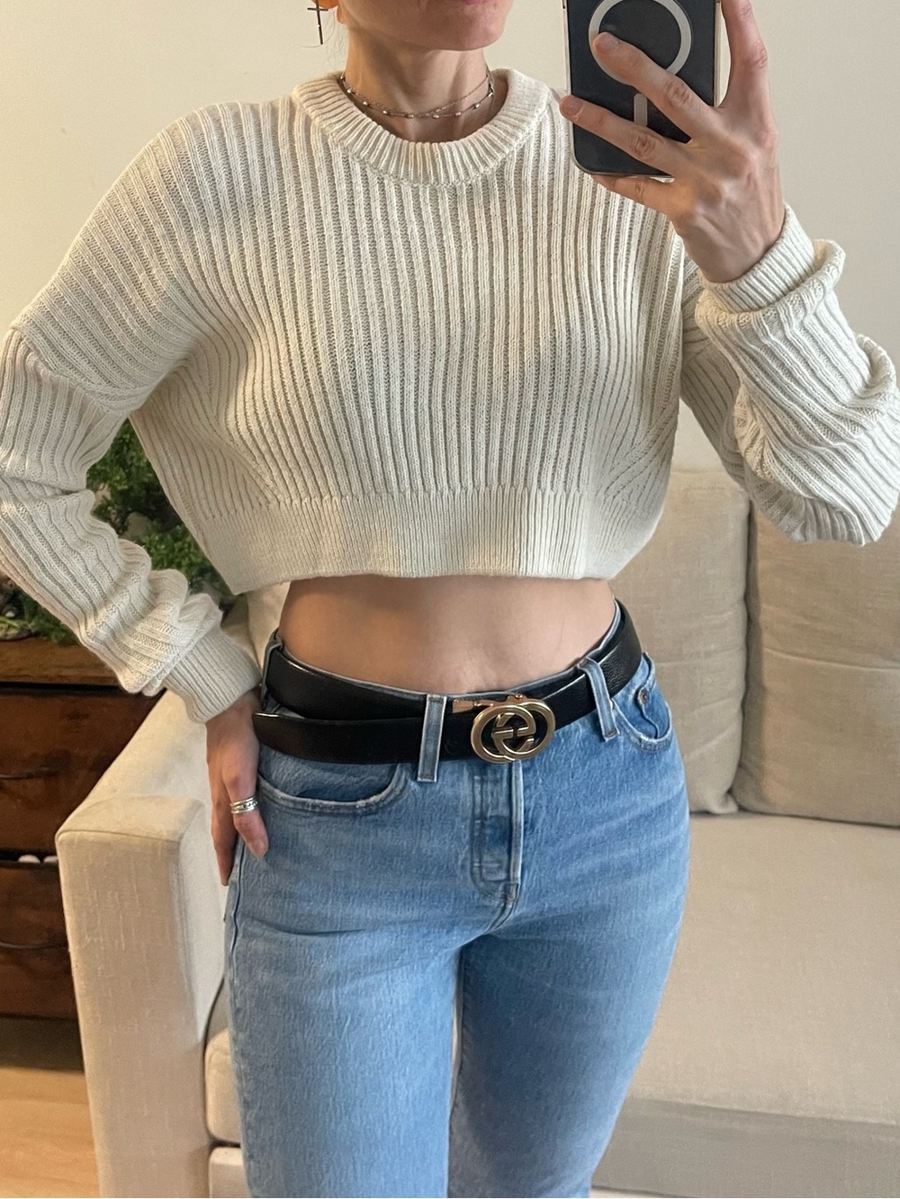 Urban Outfitters Cream Ribbed Cropped Knit Sweater Crewneck XS